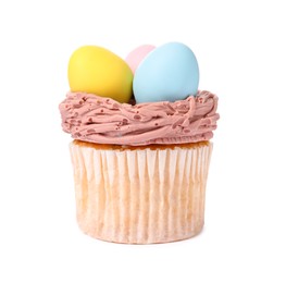 Photo of Tasty decorated Easter cupcake isolated on white