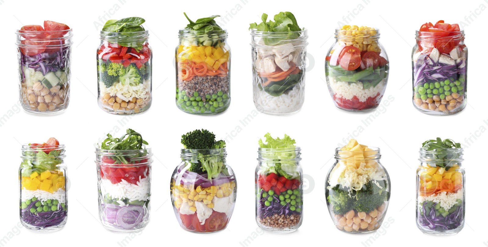 Image of Set of different jars with healthy salads on white background 