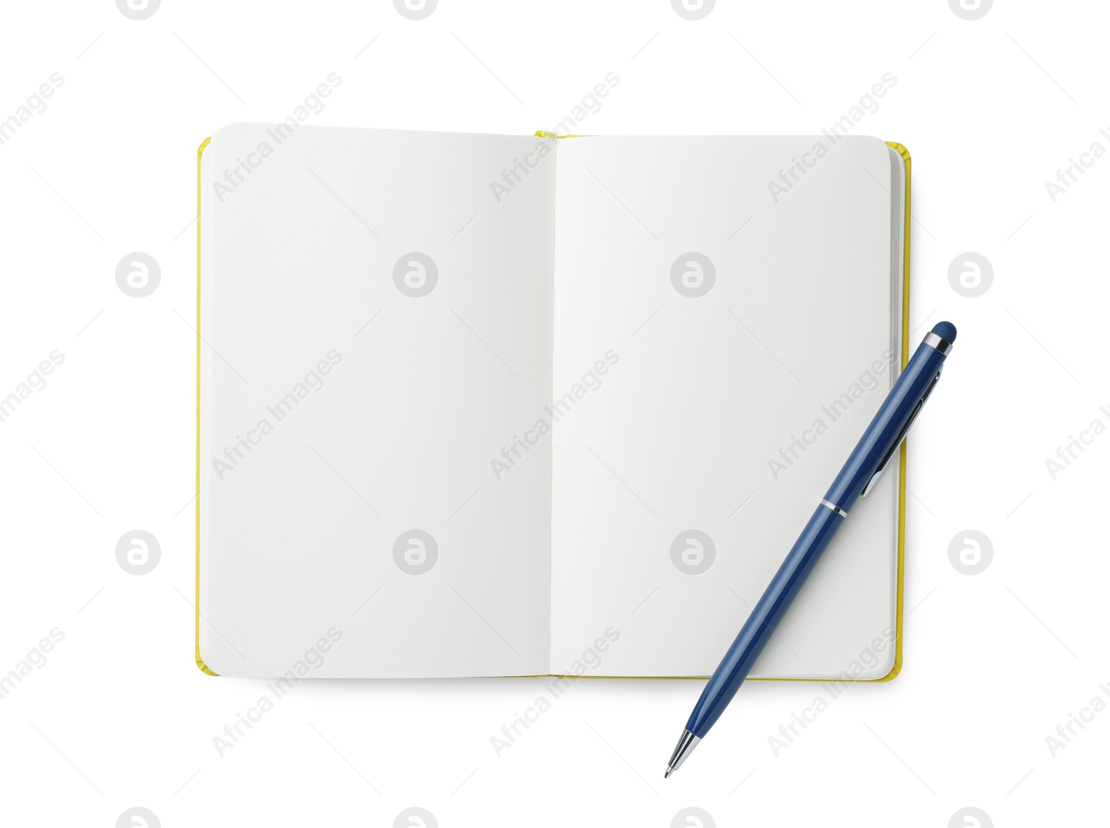 Photo of Open notebook with blank pages and pen isolated on white, top view