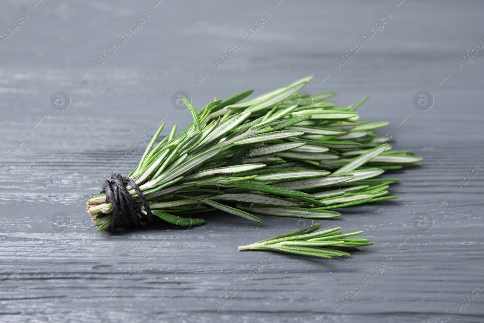 Photo of Bunch of fresh rosemary on color table, space for text