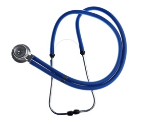 Photo of Stethoscope on white background, top view. Medical device