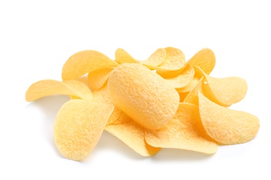 Photo of Tasty crispy potato chips on white background