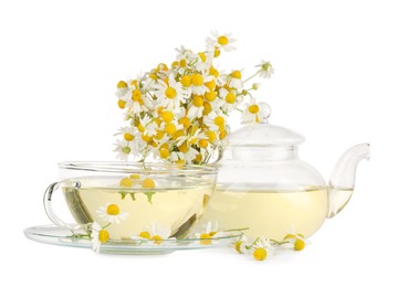 Aromatic herbal tea with chamomile flowers isolated on white