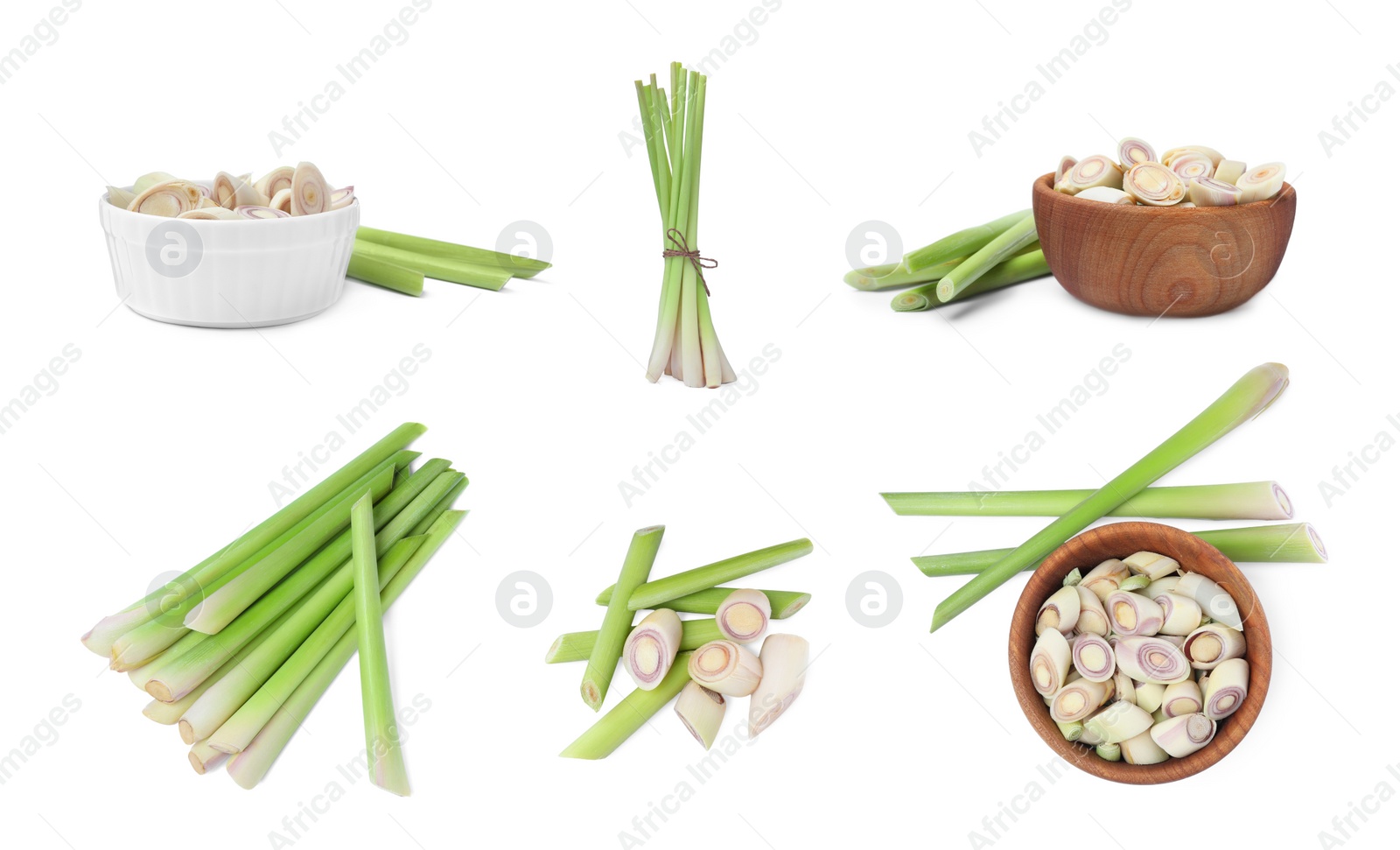 Image of Set with aromatic fresh lemongrass on white background 