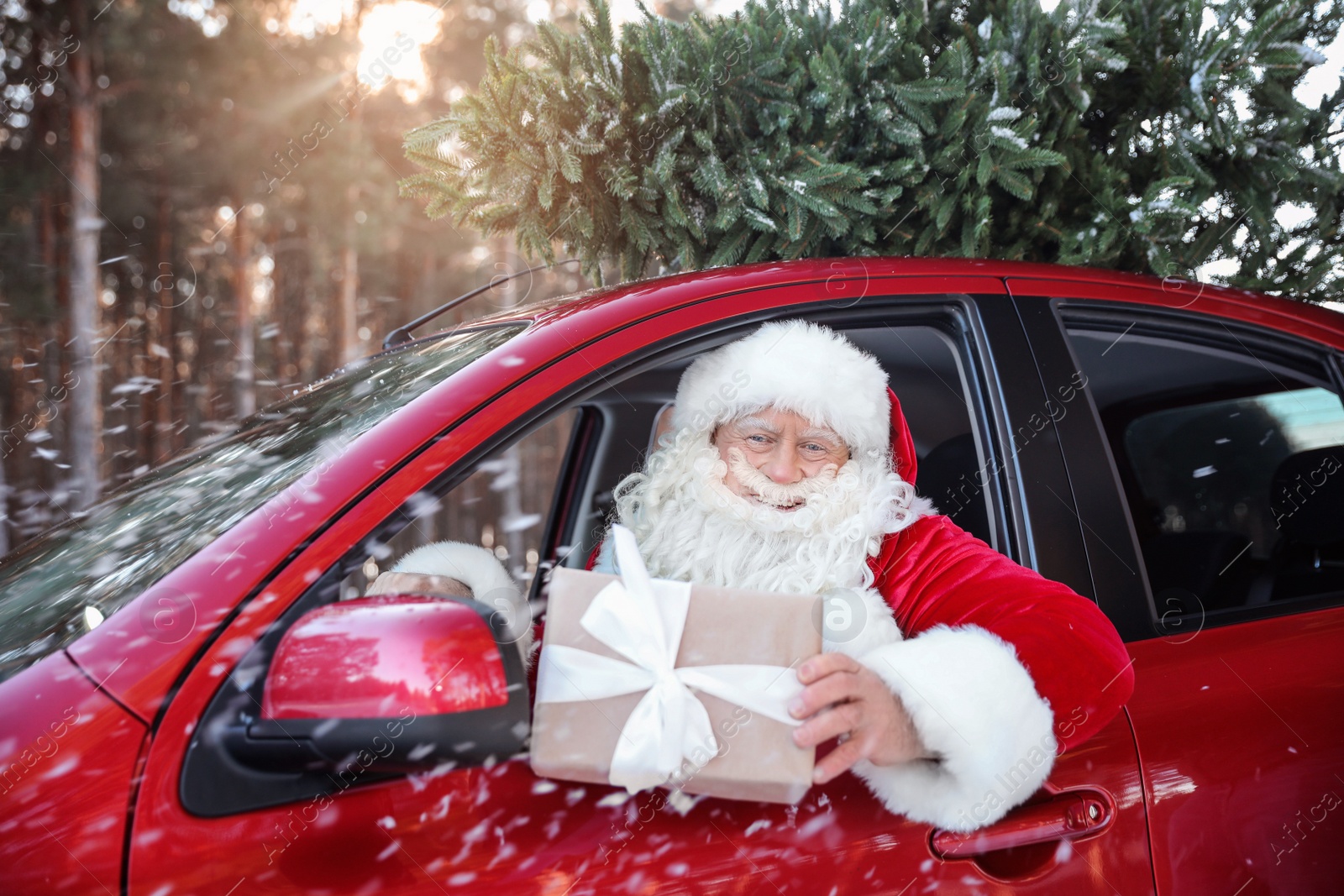 Photo of Authentic Santa Claus in car with gift box, view from outside
