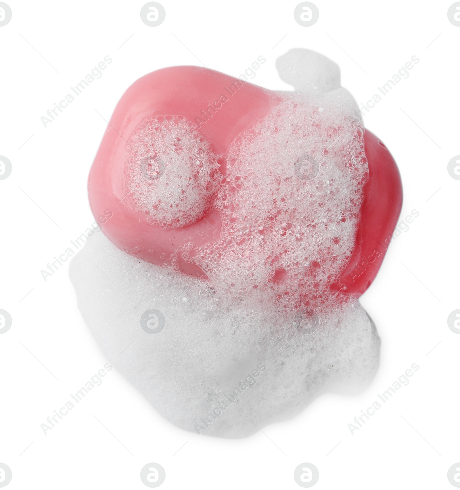 Photo of Soap with fluffy foam isolated on white, top view