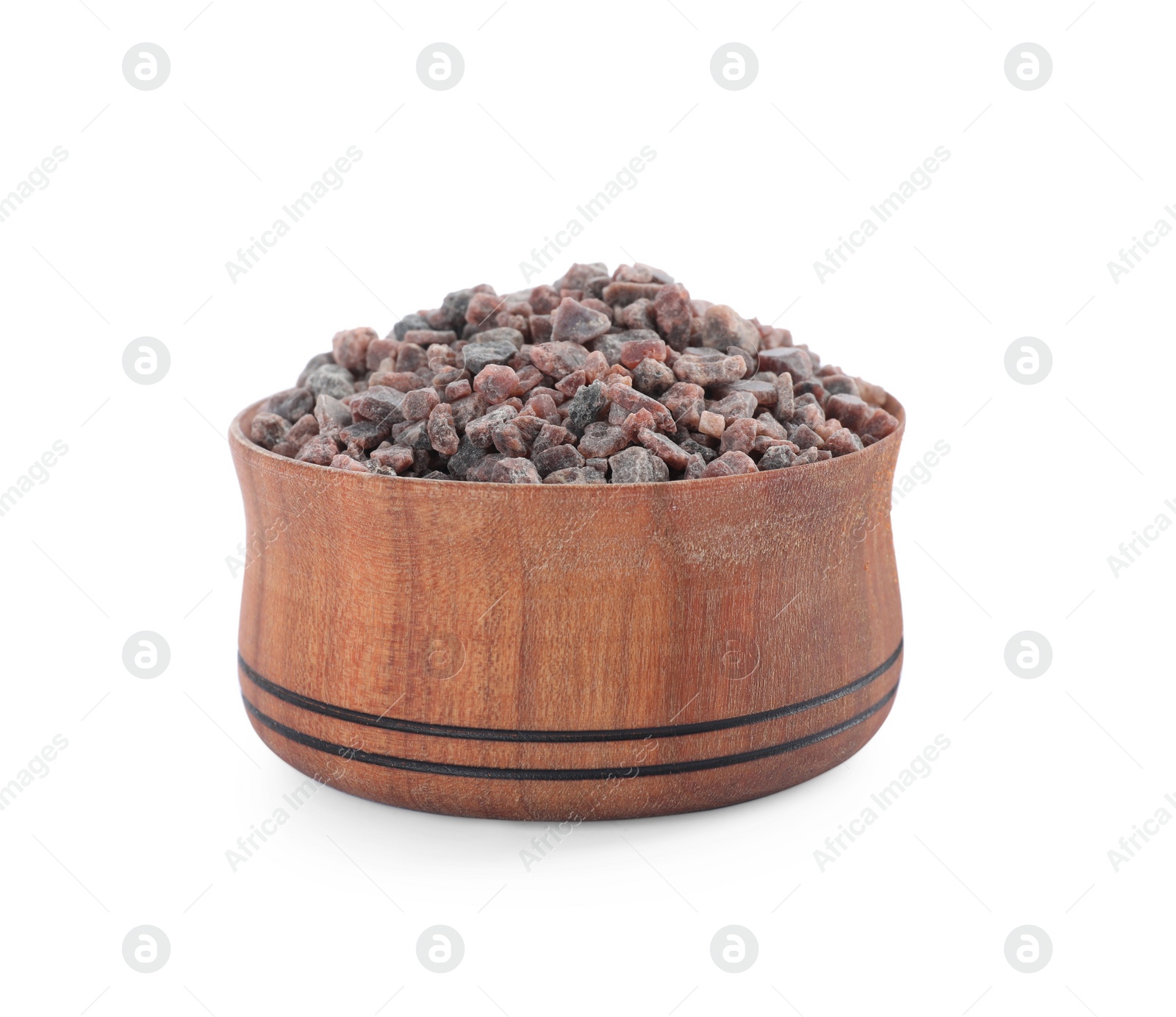 Photo of Black salt in wooden bowl isolated on white