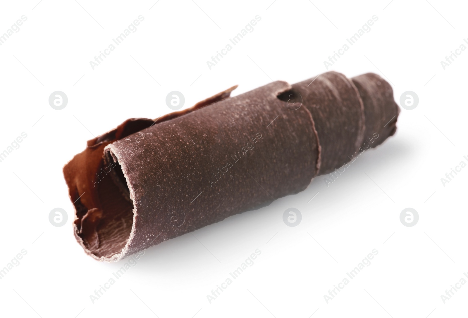 Photo of Curl of tasty chocolate on white background