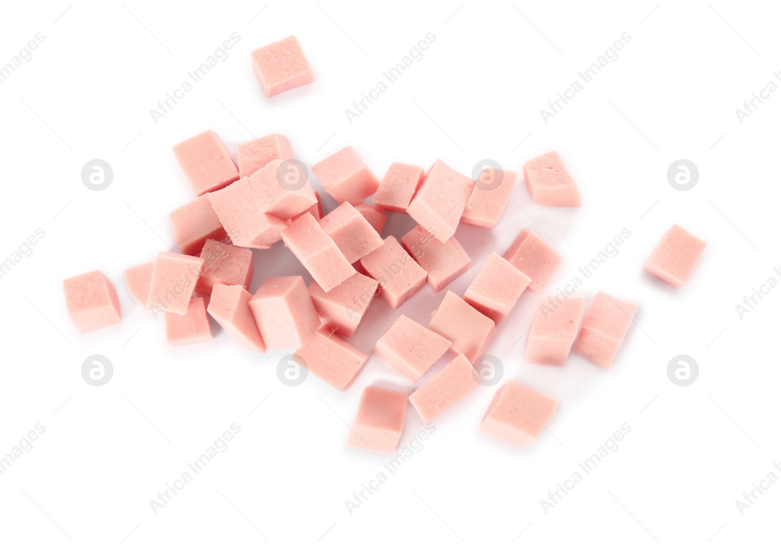 Photo of Pieces of delicious boiled sausage on white background, top view