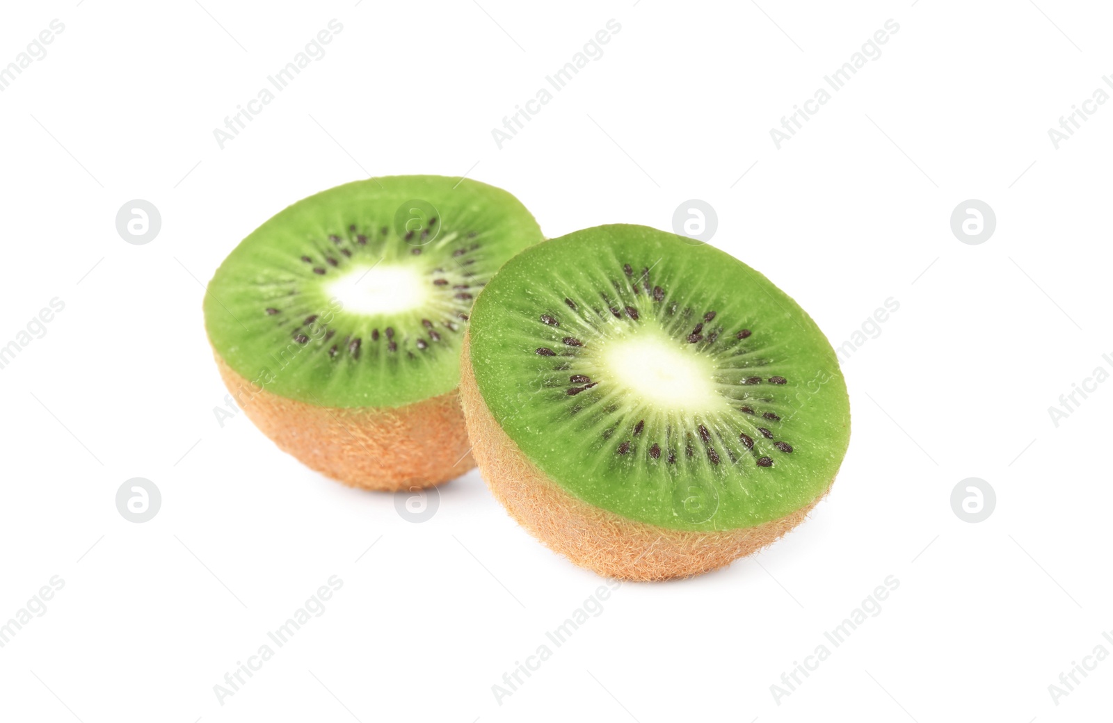 Photo of Halves of fresh kiwi on white background