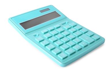 Turquoise calculator on white background. School stationery