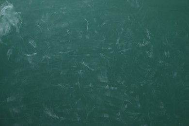 Chalk rubbed out on green chalkboard as background, closeup. Space for text