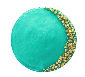 Photo of Delicious spirulina cheesecake decorated with pistachios isolated on white, top view