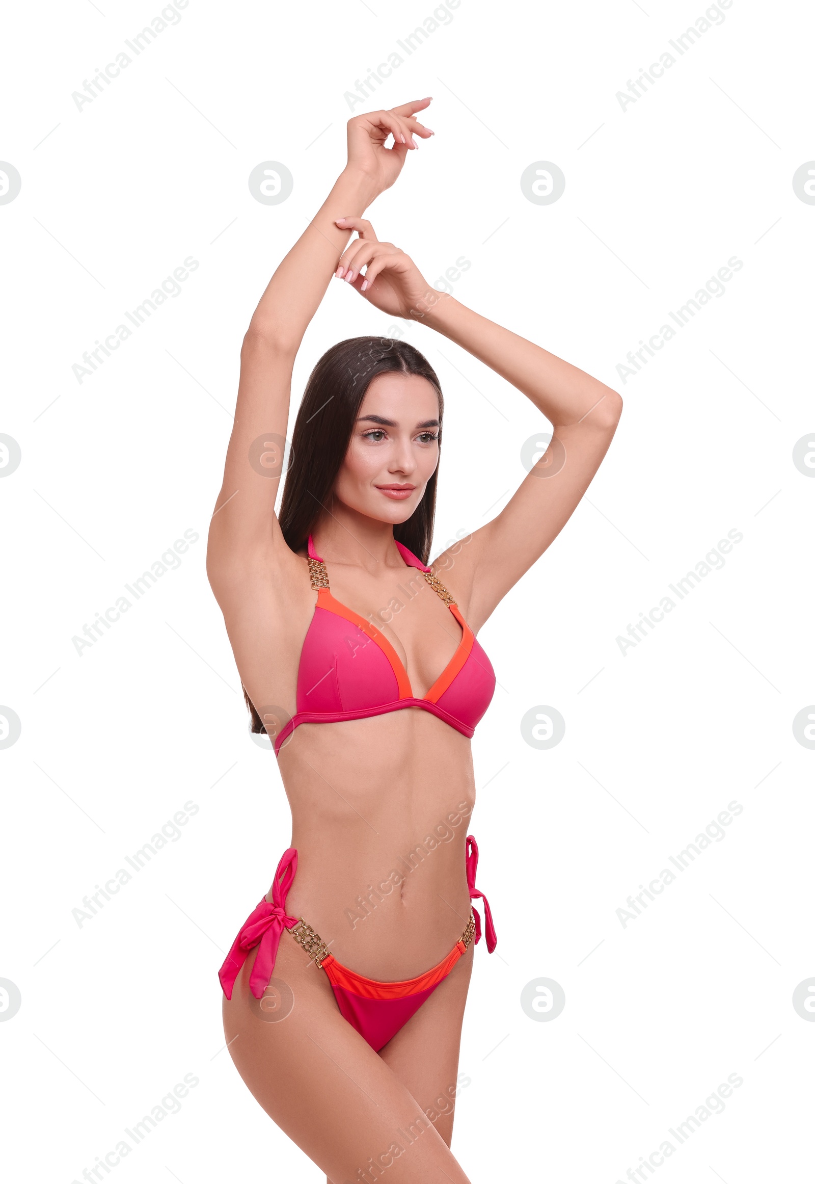 Photo of Young woman in stylish bikini isolated on white