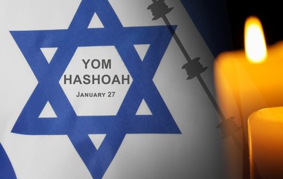 Yom Hashoah, January 27. Burning candle and flag of Israel, double exposure