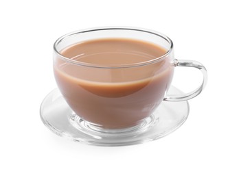 Photo of Delicious tea with milk on white background