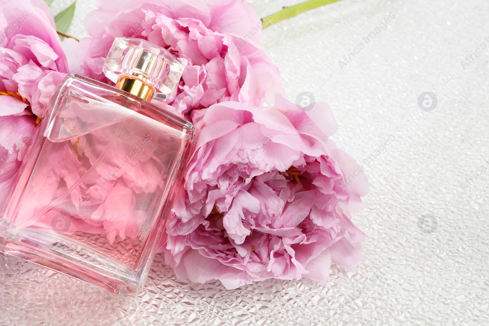 Photo of Luxury perfume and floral decor on white plastic surface