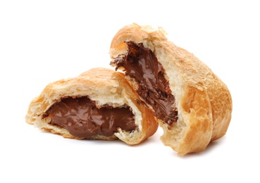 Tasty croissant with chocolate on white background