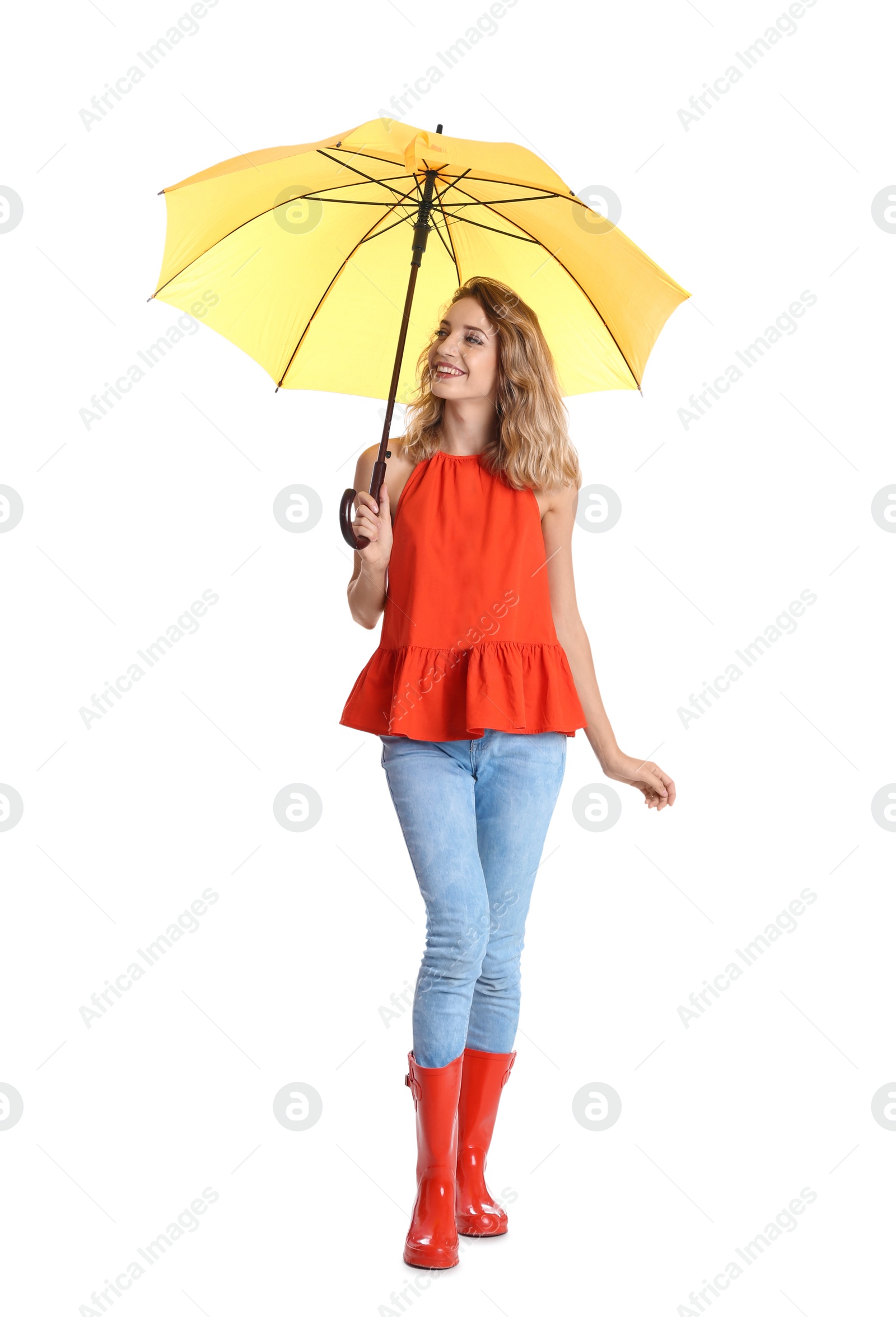 Photo of Woman with yellow umbrella on white background