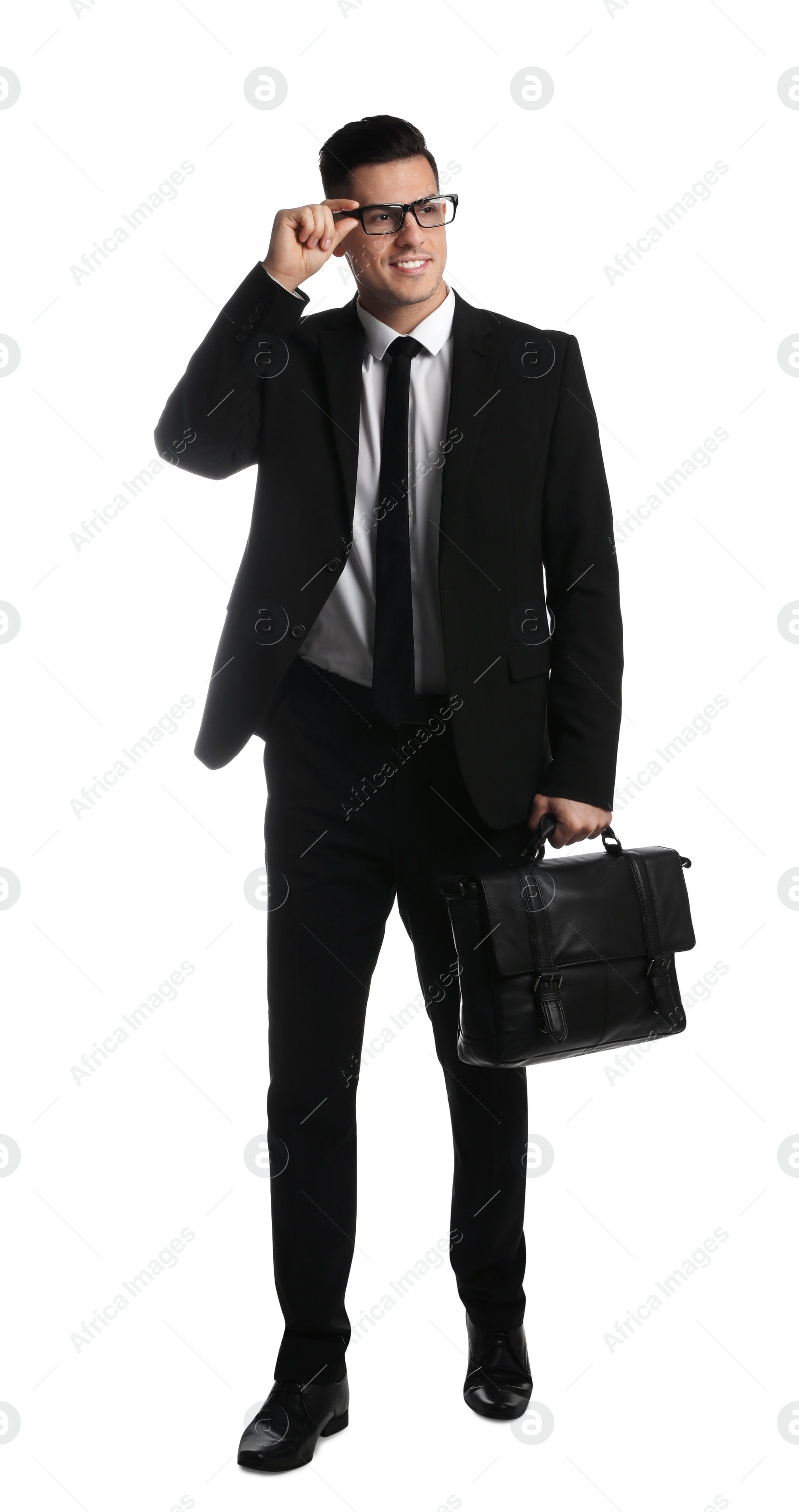 Photo of Businessman with stylish leather briefcase on white background