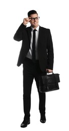 Businessman with stylish leather briefcase on white background