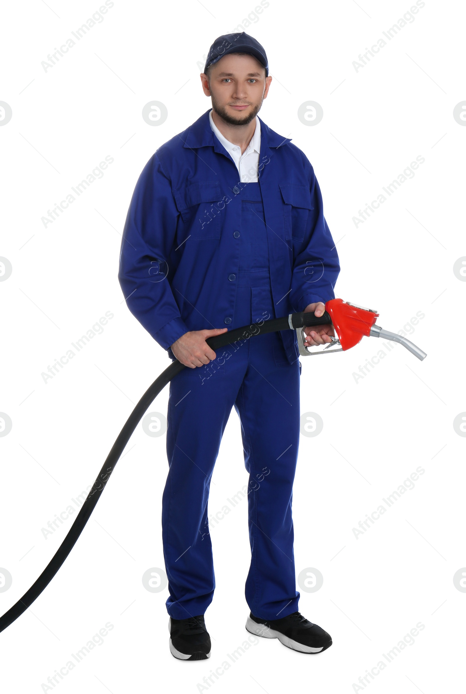 Photo of Gas station worker with fuel nozzle on white background