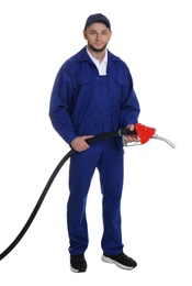 Gas station worker with fuel nozzle on white background