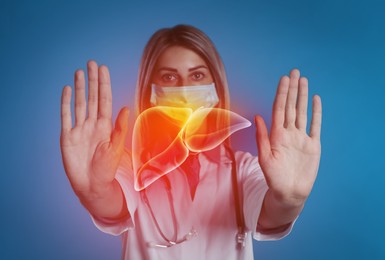 Image of Woman showing stop gesture and illustration of unhealthy liver on blue background. Hepatitis disease