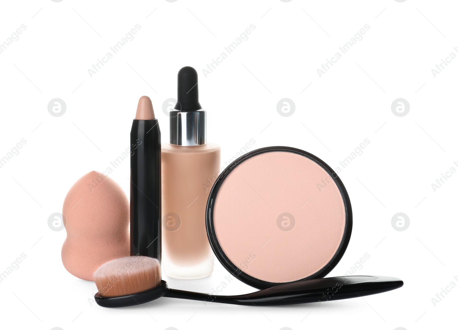 Photo of Composition with skin foundation and powder on white background