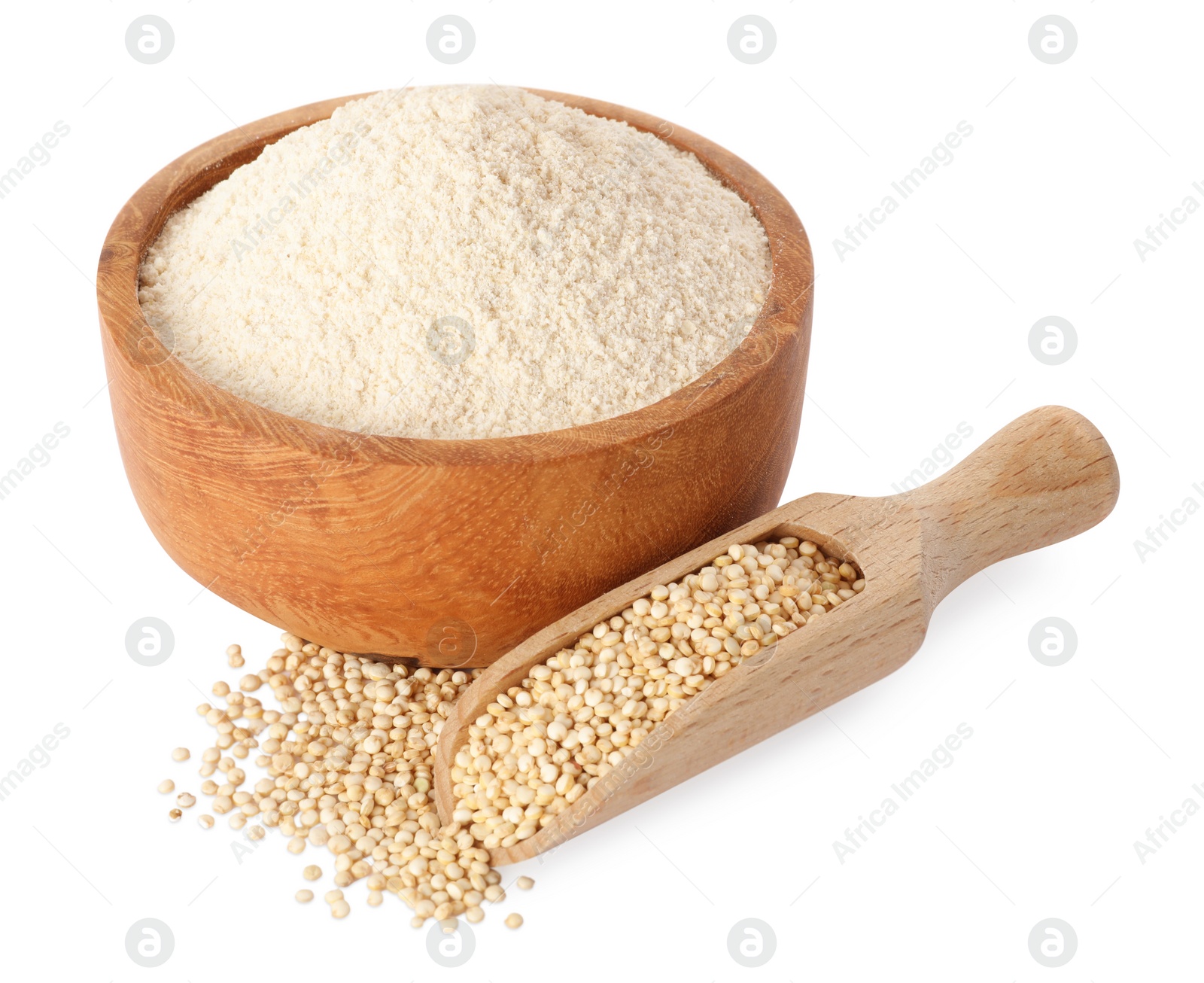 Photo of Quinoa flour in wooden bowl and scoop with seeds on white background