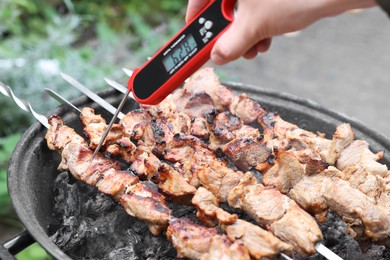 Photo of Man measuring temperature of delicious kebab on metal brazier outdoors, closeup