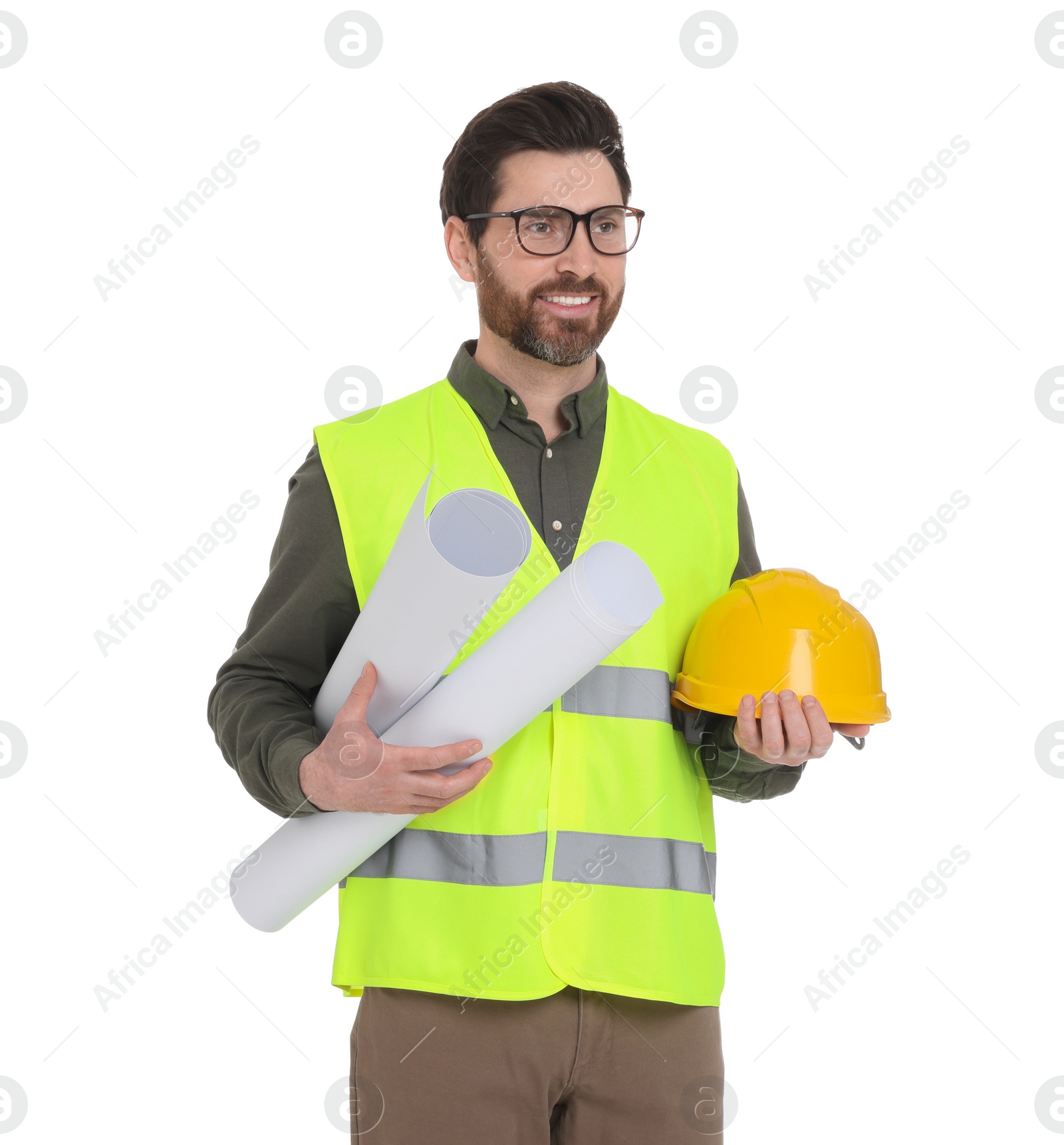 Photo of Architect with drafts and hard hat on white background