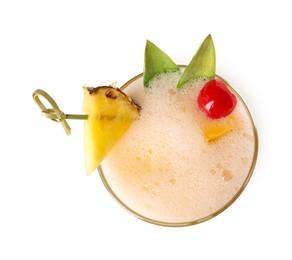 Tasty pineapple cocktail with cherry isolated on white, top view