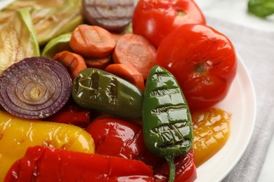 Photo of Delicious grilled vegetables on plate, closeup view