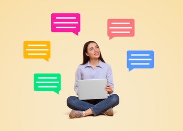 Image of Smiling young woman with laptop on beige background. Speech bubbles around her