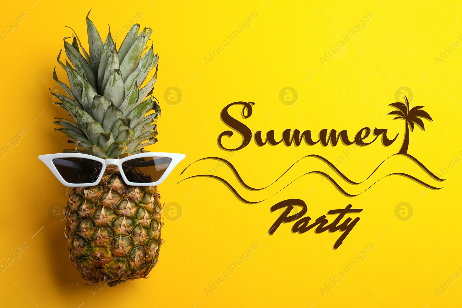 Image of Summer party. Pineapple with sunglasses on yellow background, top view