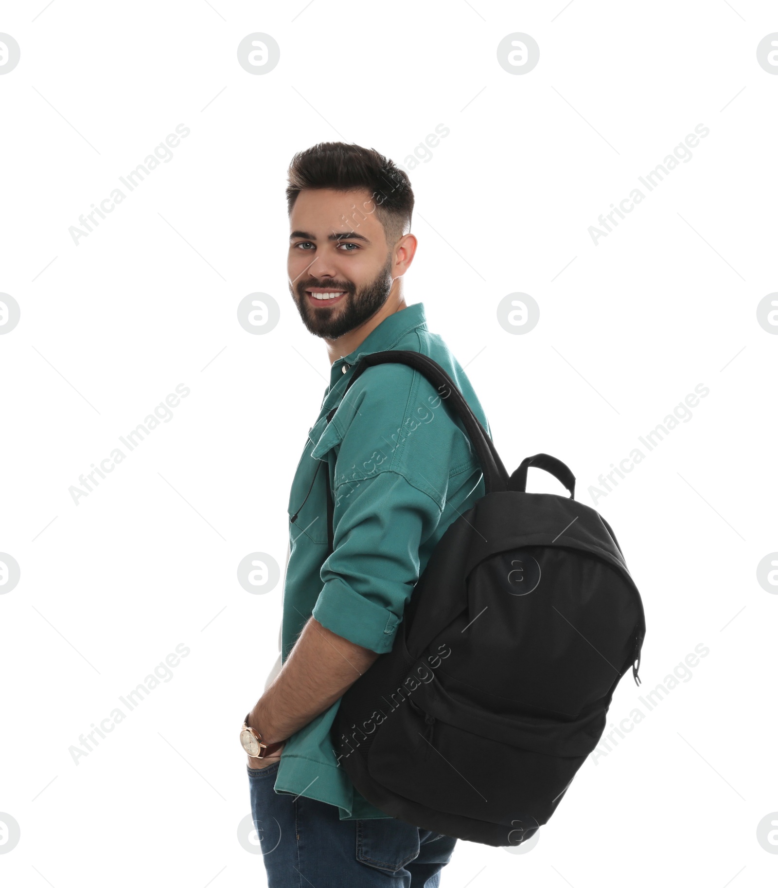 Photo of Young man with stylish backpack on white background