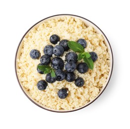 Photo of Bowl of tasty couscous with blueberries and mint isolated on white, top view