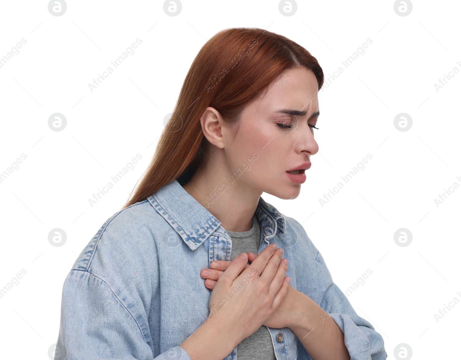 Photo of Woman coughing on white background. Cold symptoms