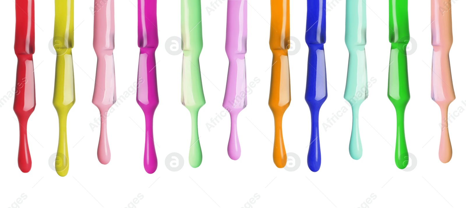 Image of Set of different nail polishes dripping on white background. Banner design