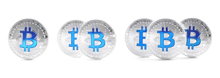 Collage with silver bitcoins on white background