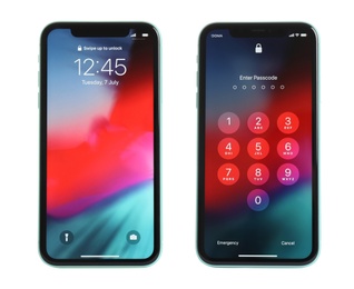 Image of MYKOLAIV, UKRAINE - JULY 07, 2020: New modern iPhone 11 with lock screen and numpad for entering the passcode on white background
