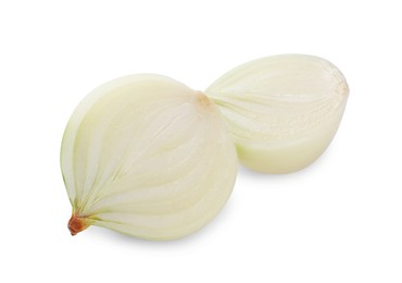 Halves of fresh ripe onion on white background