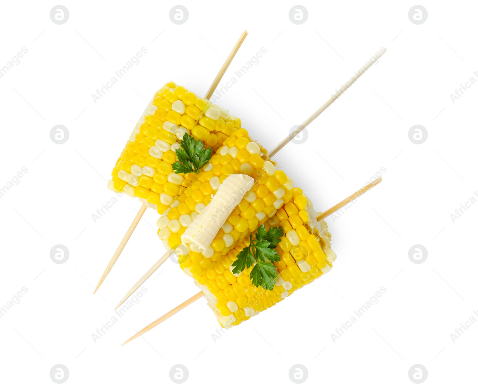 Photo of Tasty cooked corn with butter on white background, top view