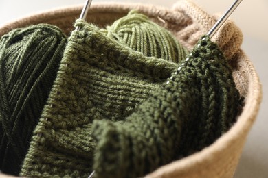 Photo of Green knitting, needles and soft yarns on light background, closeup
