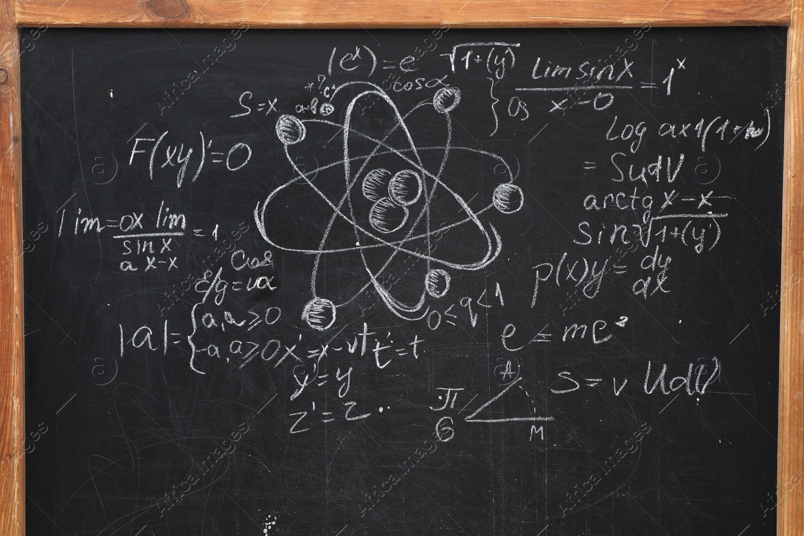 Photo of Many different physical formulas written with chalk on blackboard