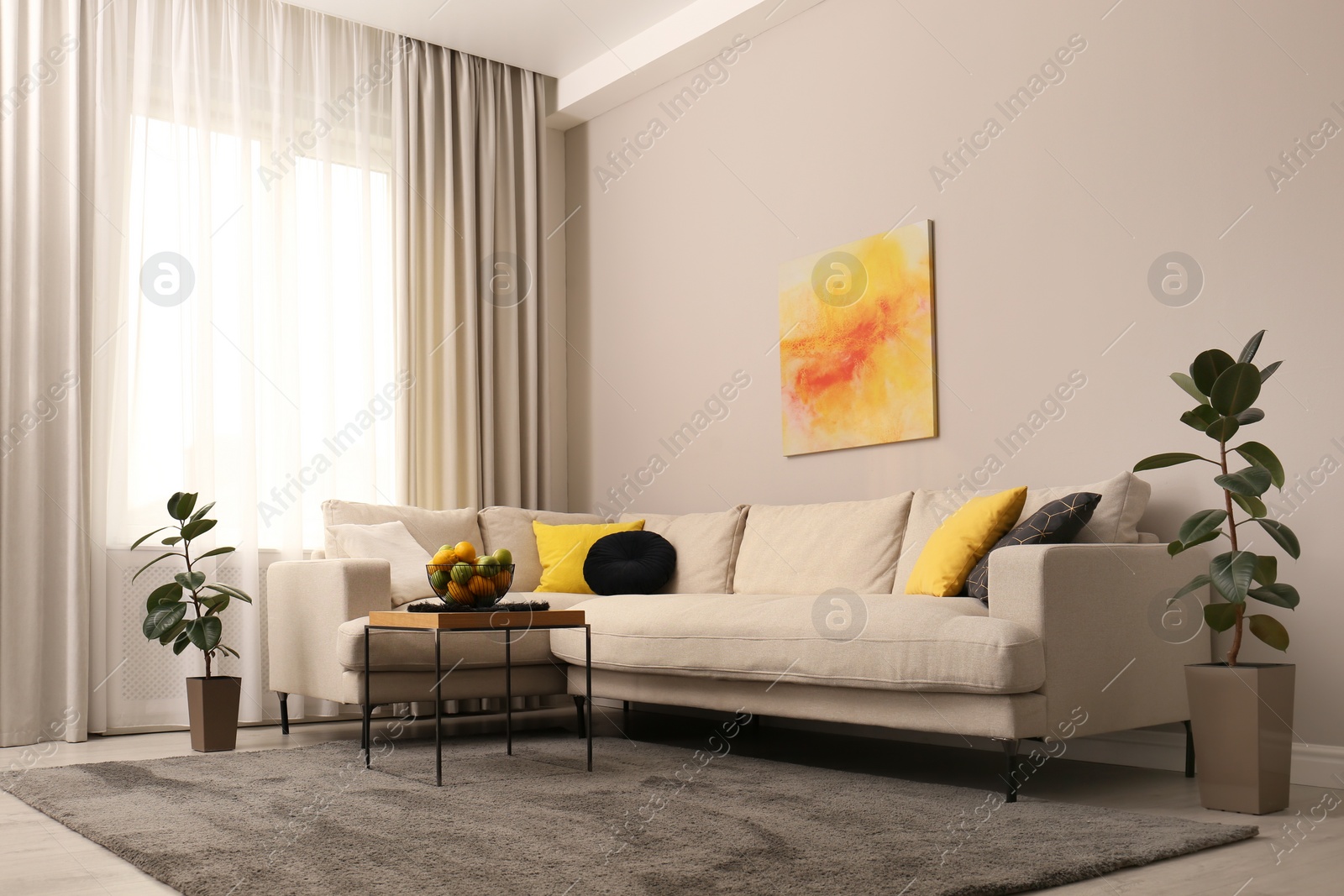 Photo of Stylish living room interior with modern comfortable sofa