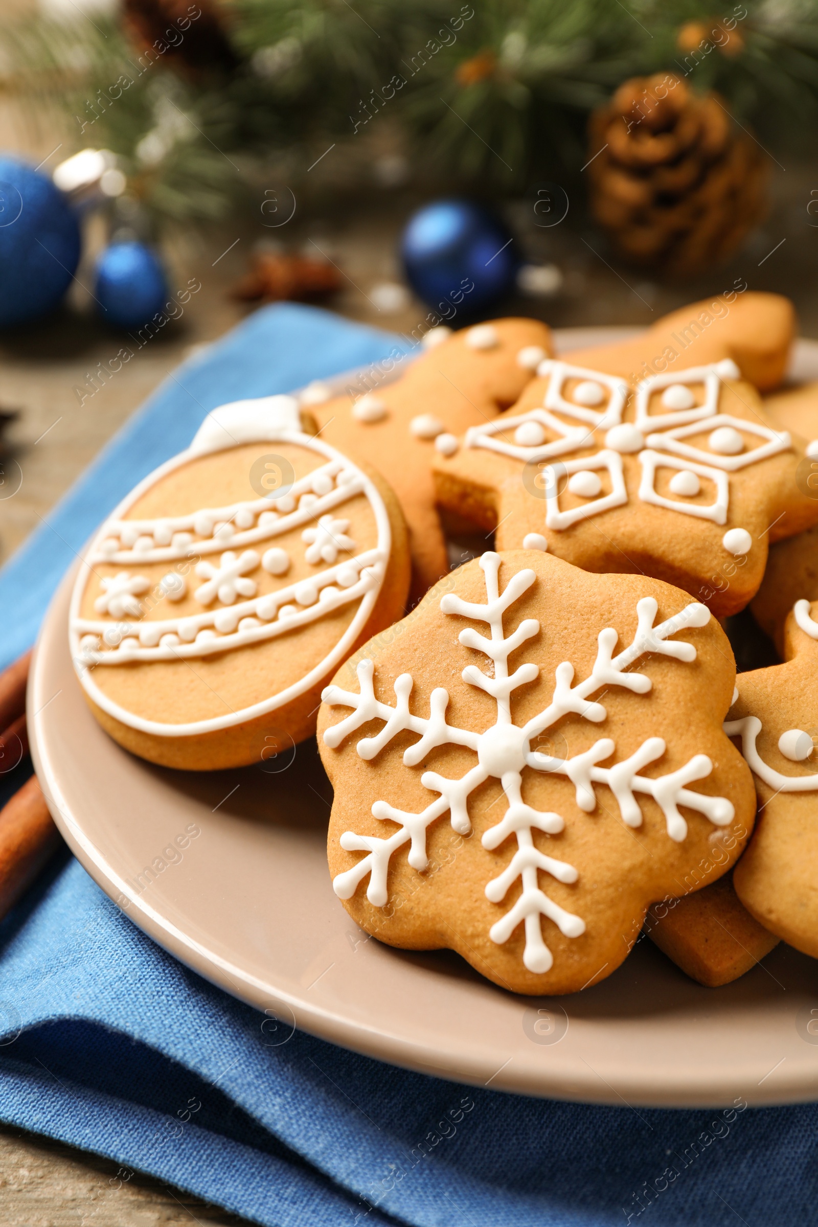 Photo of Tasty homemade Christmas cookies on table, closeup view