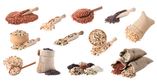Image of Set with different types of rice on white background. Banner design