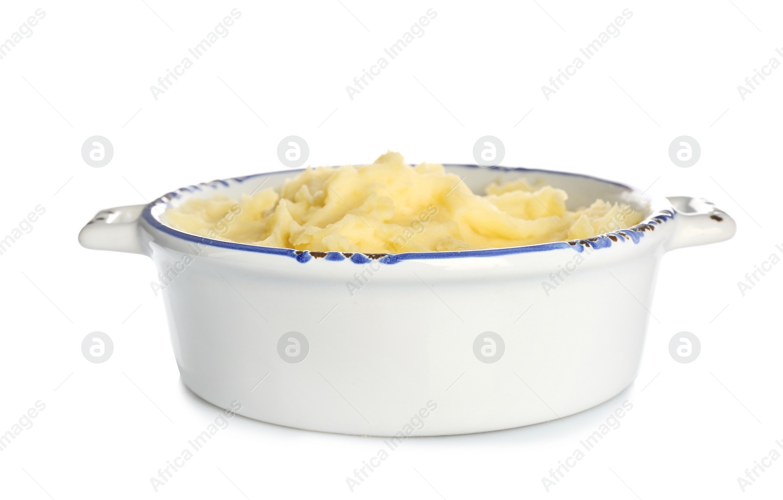 Photo of Casserole pot with tasty mashed potatoes on white background